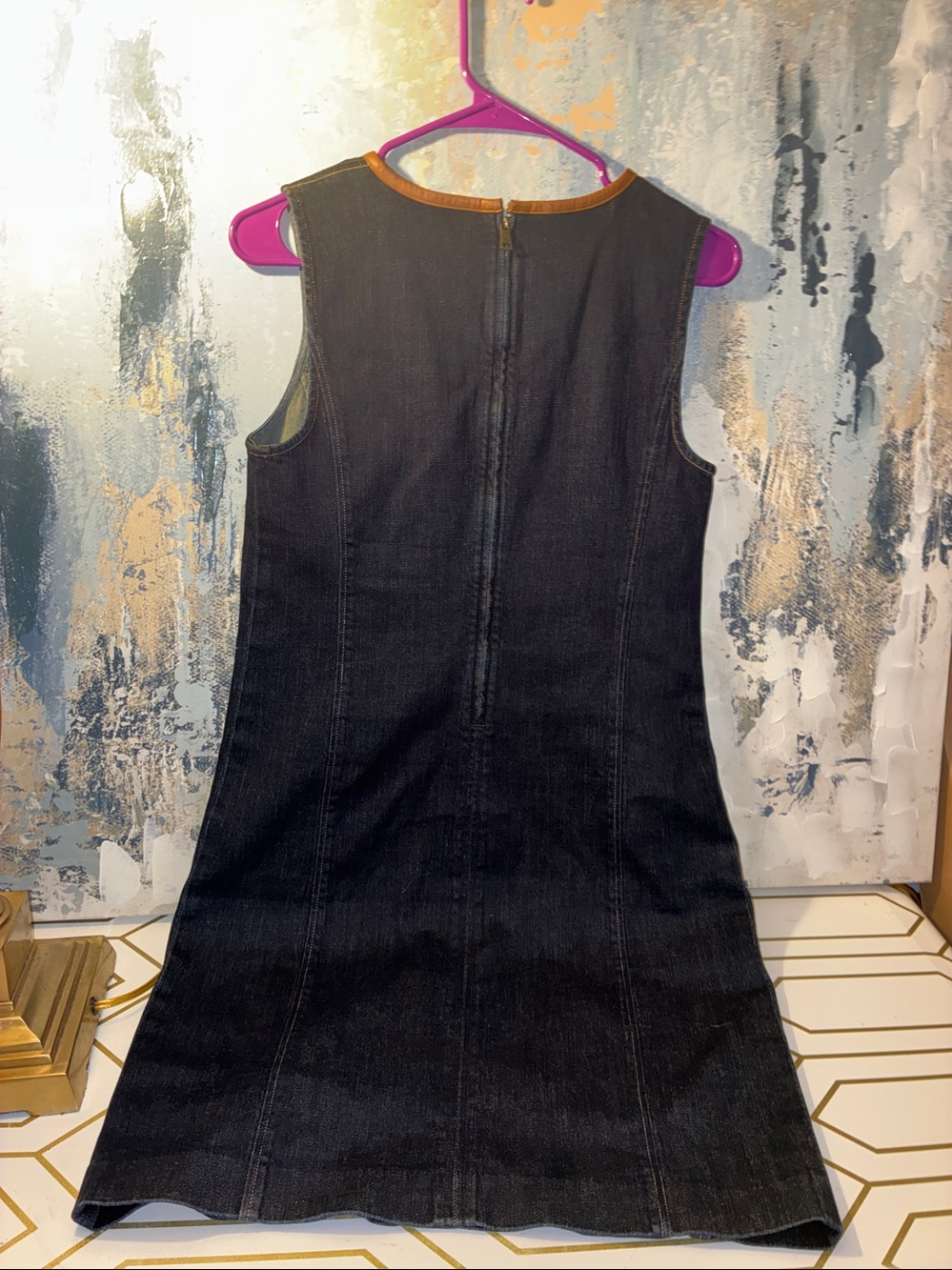 NWOT Lauren Ralph Lauren Black Denim Shift Dress with Genuine Leather  Neck Trim - Picture 5 of 15